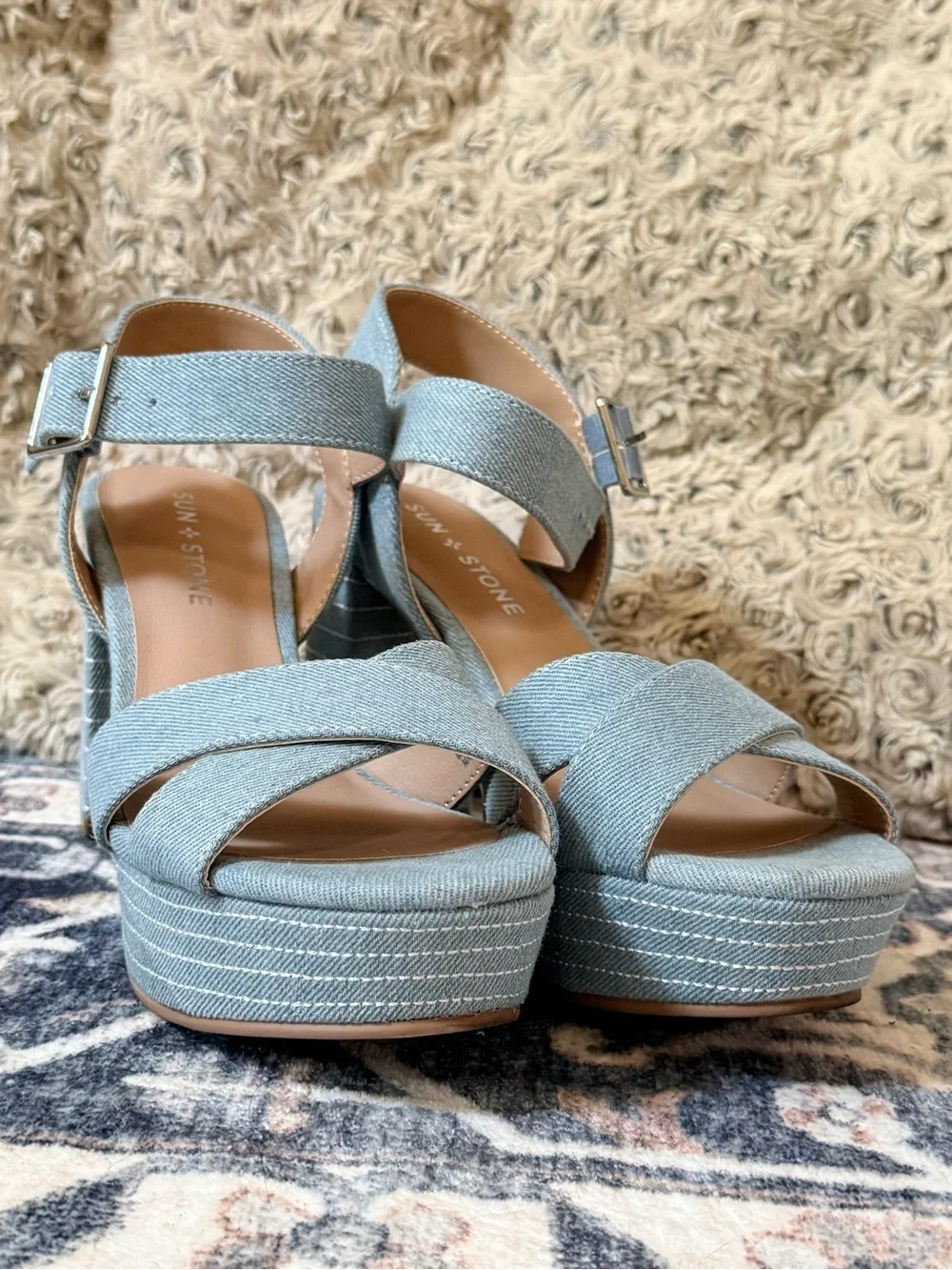 ☀️Sun + Stone Denim Platform Block Heel Sandals Size 6.5 ☀️